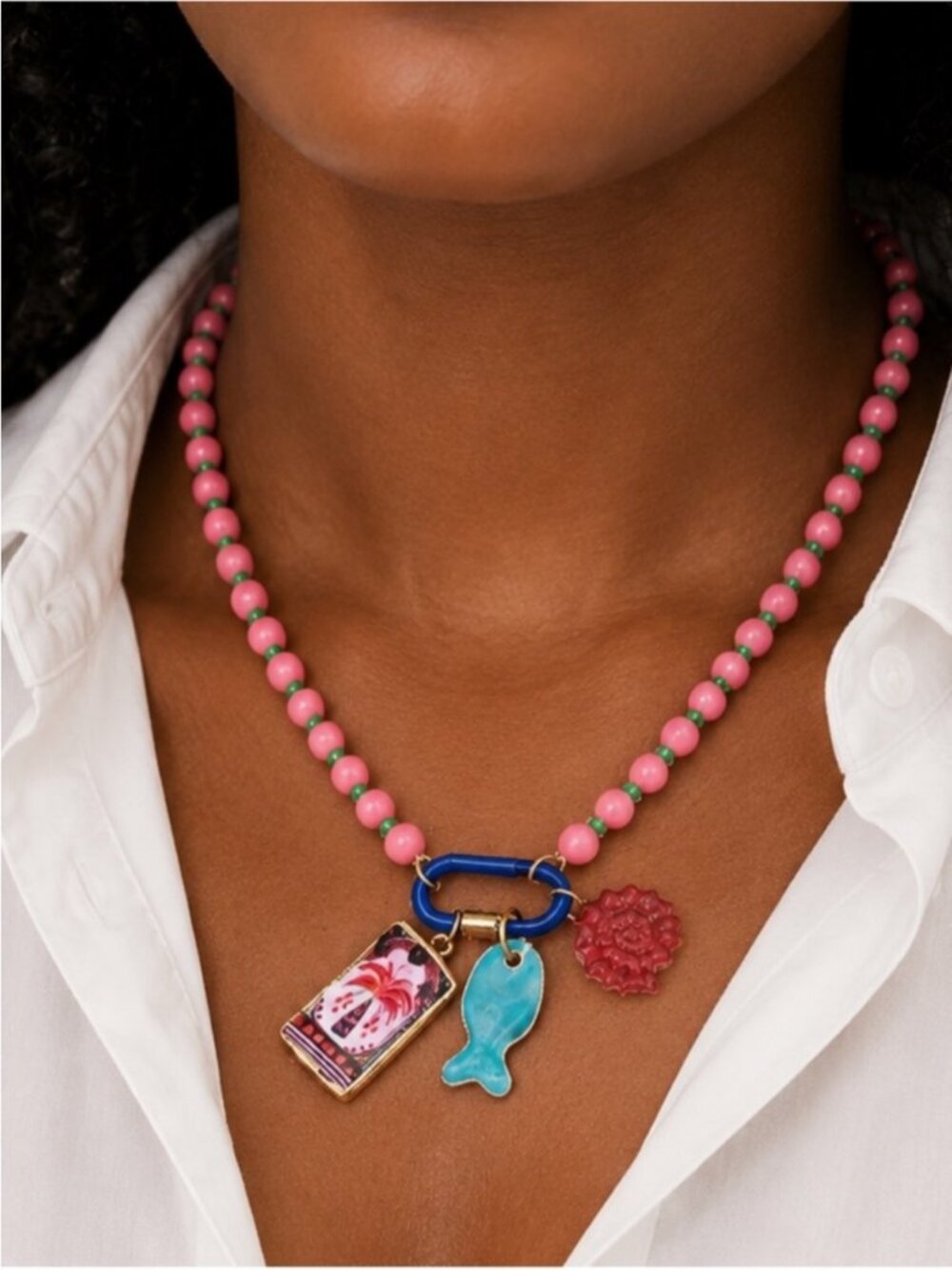 New! Coastal Preppy Pink Beaded Palm Tree Carabiner Dopamine Necklace NWOT 5040
